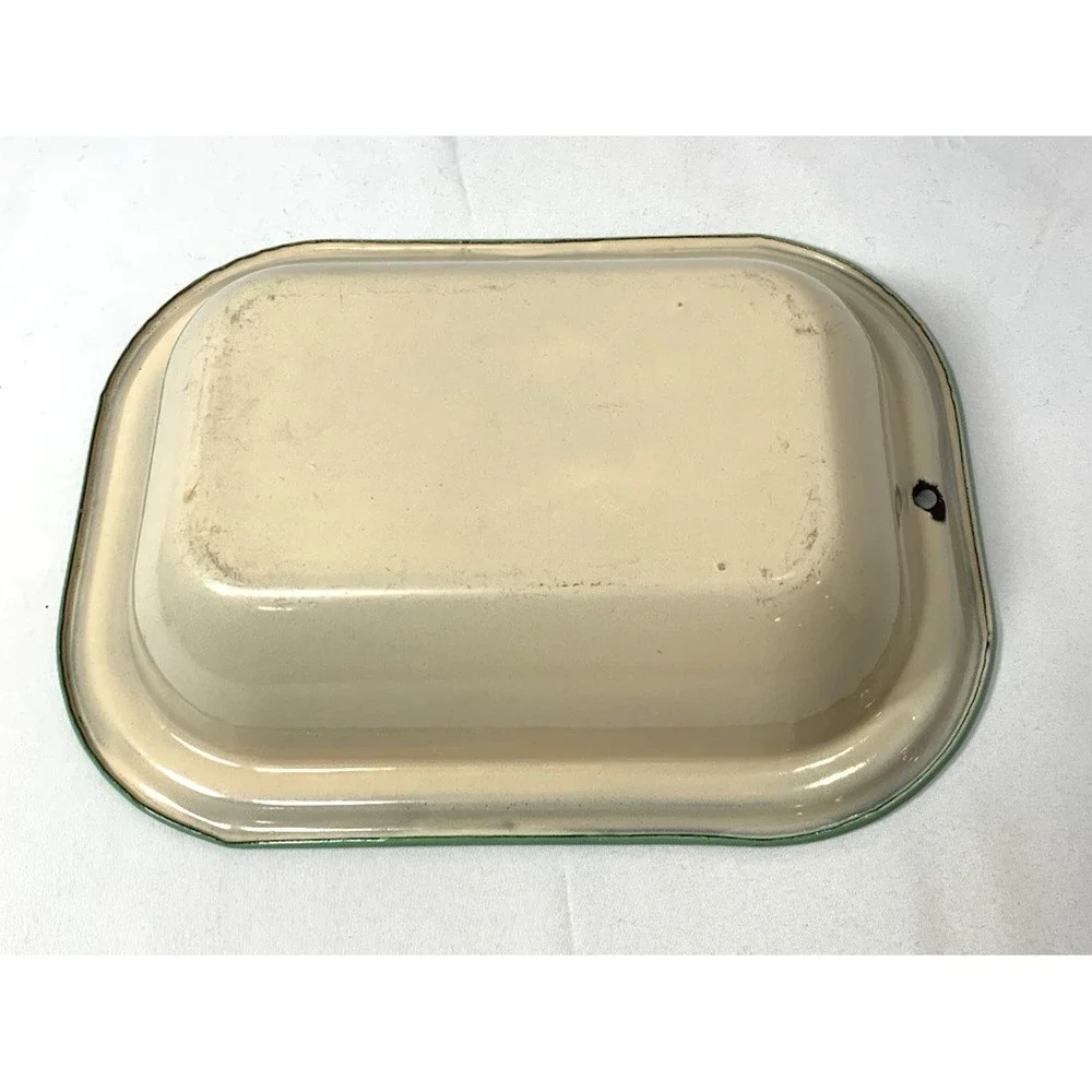 Enamelware Pan Beige Small Green Trim Farmhouse‎ Cottagecore 9.5